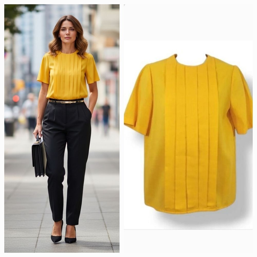 Vintageβ70's 80'sΒ Sunshine Yellow Pleated ButtonβDownβBackβBlouseβSizeβSmall